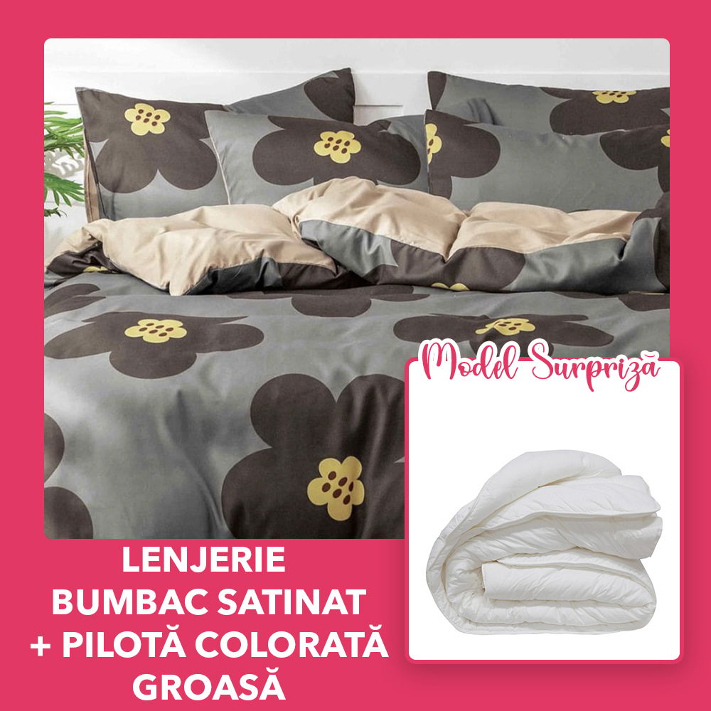 Set CADOU - Lenjerie DUO Bumbac Satinat + Pilota Model Surpriza - Flori Vorbitoare- LBD1137