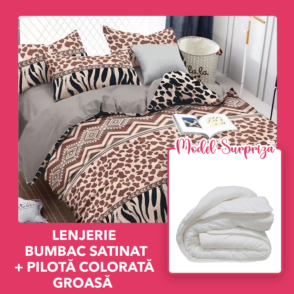 Set CADOU - Lenjerie DUO Bumbac Satinat + Pilota Model Surpriza - Model Leopard cu Zebra- LBD1107