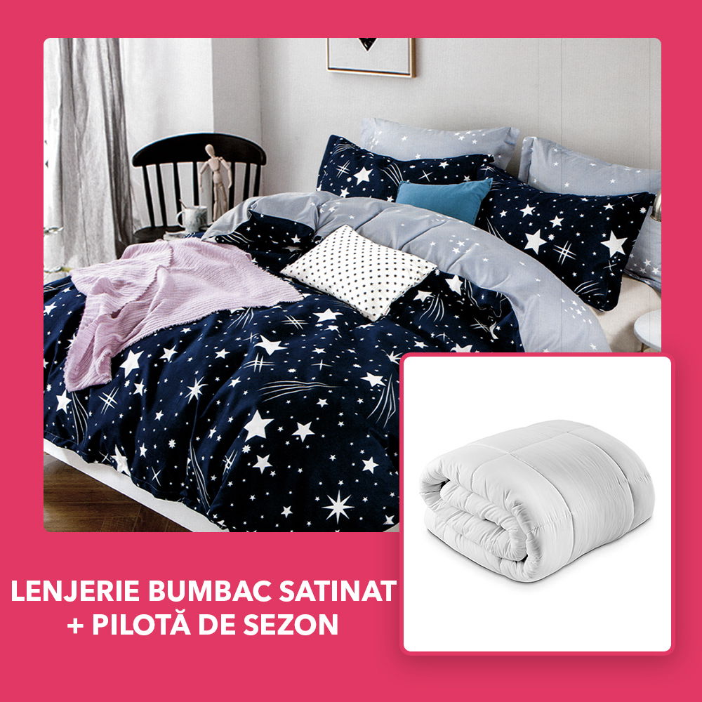 Set CADOU - Lenjerie DUO Bumbac Satinat - Ploaie de Stele + Pilota de Sezon - LBD1100