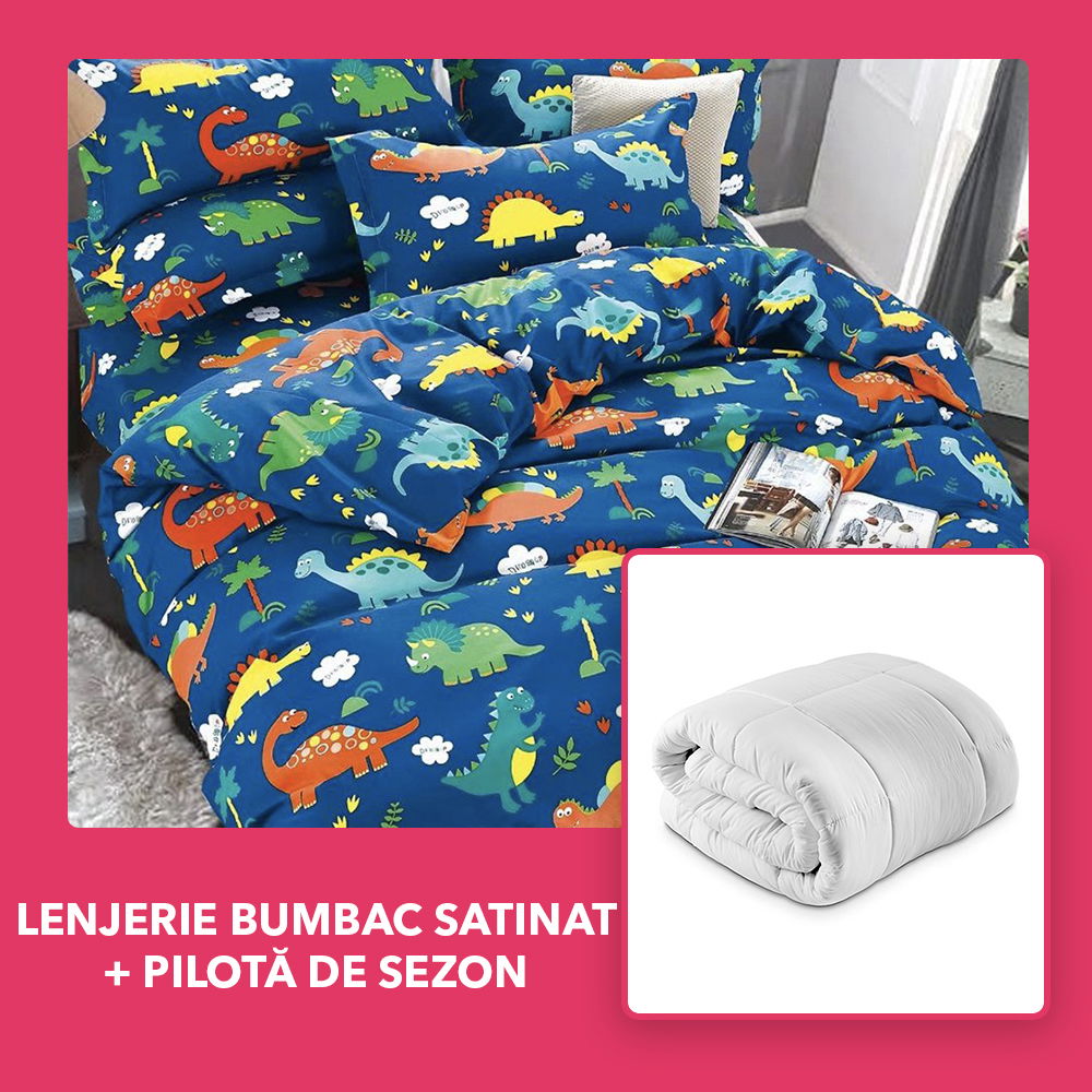 Set CADOU - Lenjerie DUO Bumbac Satinat - Imprimeu ZOO + Pilota de Sezon - LBD1103