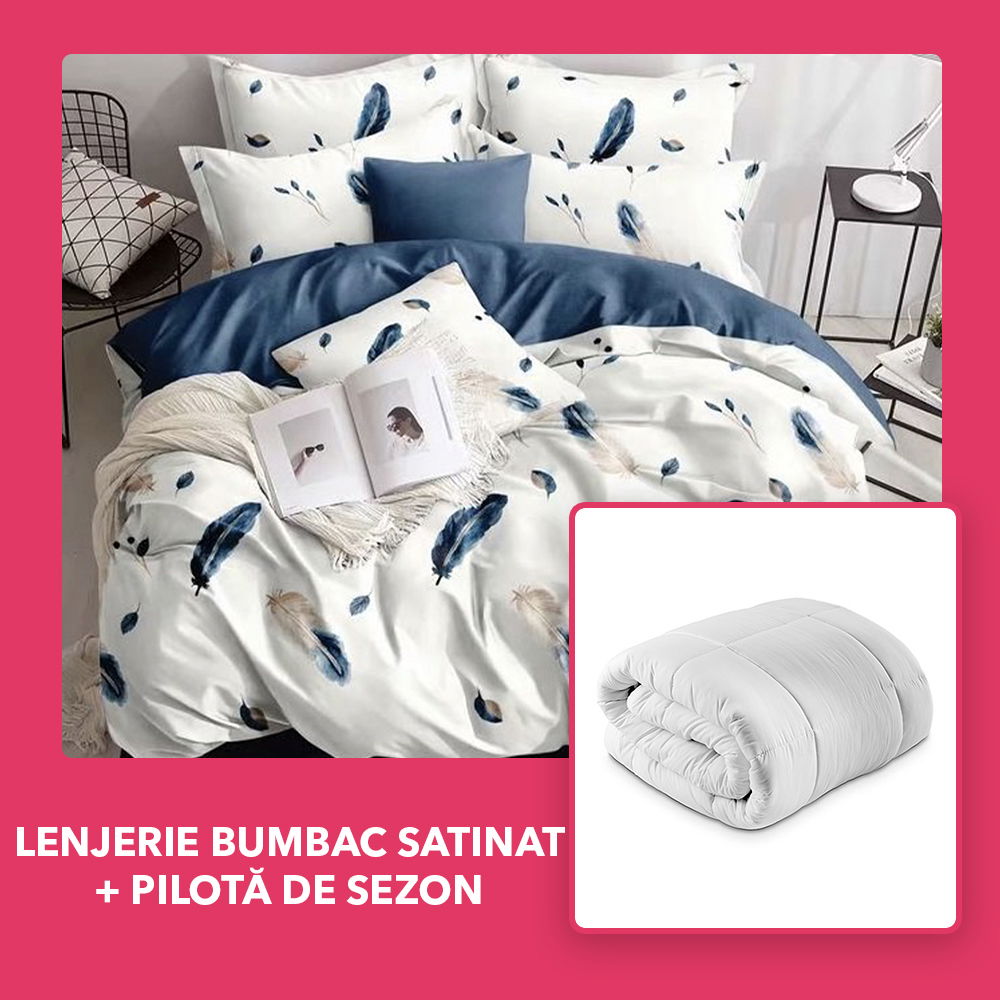 Set CADOU - Lenjerie DUO Bumbac Satinat - Alb Pene Blue + Pilota de Sezon - LBD1121