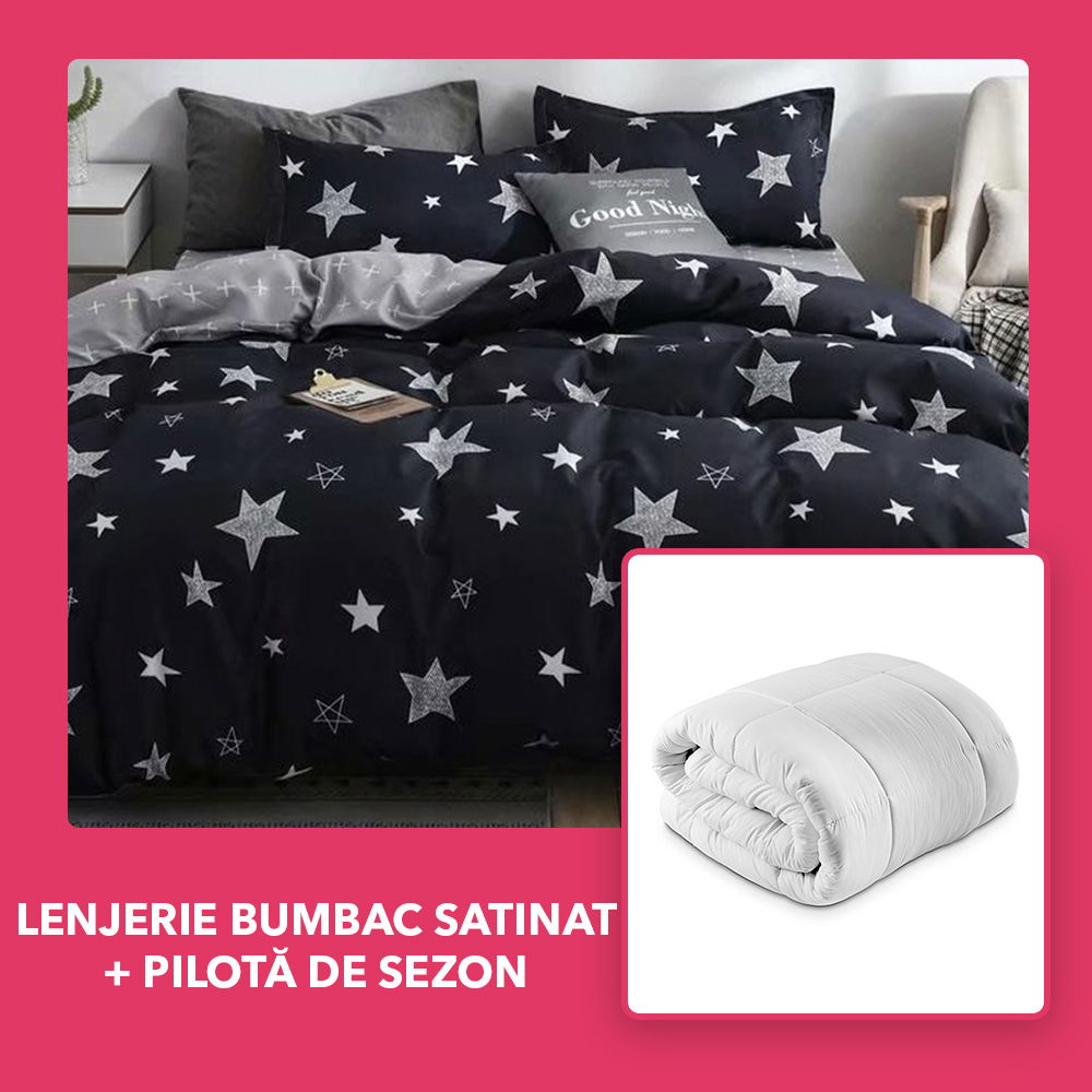 Set CADOU - Lenjerie DUO Bumbac Satinat - Albastru Inchis Stelute + Pilota de Sezon - LBD1122