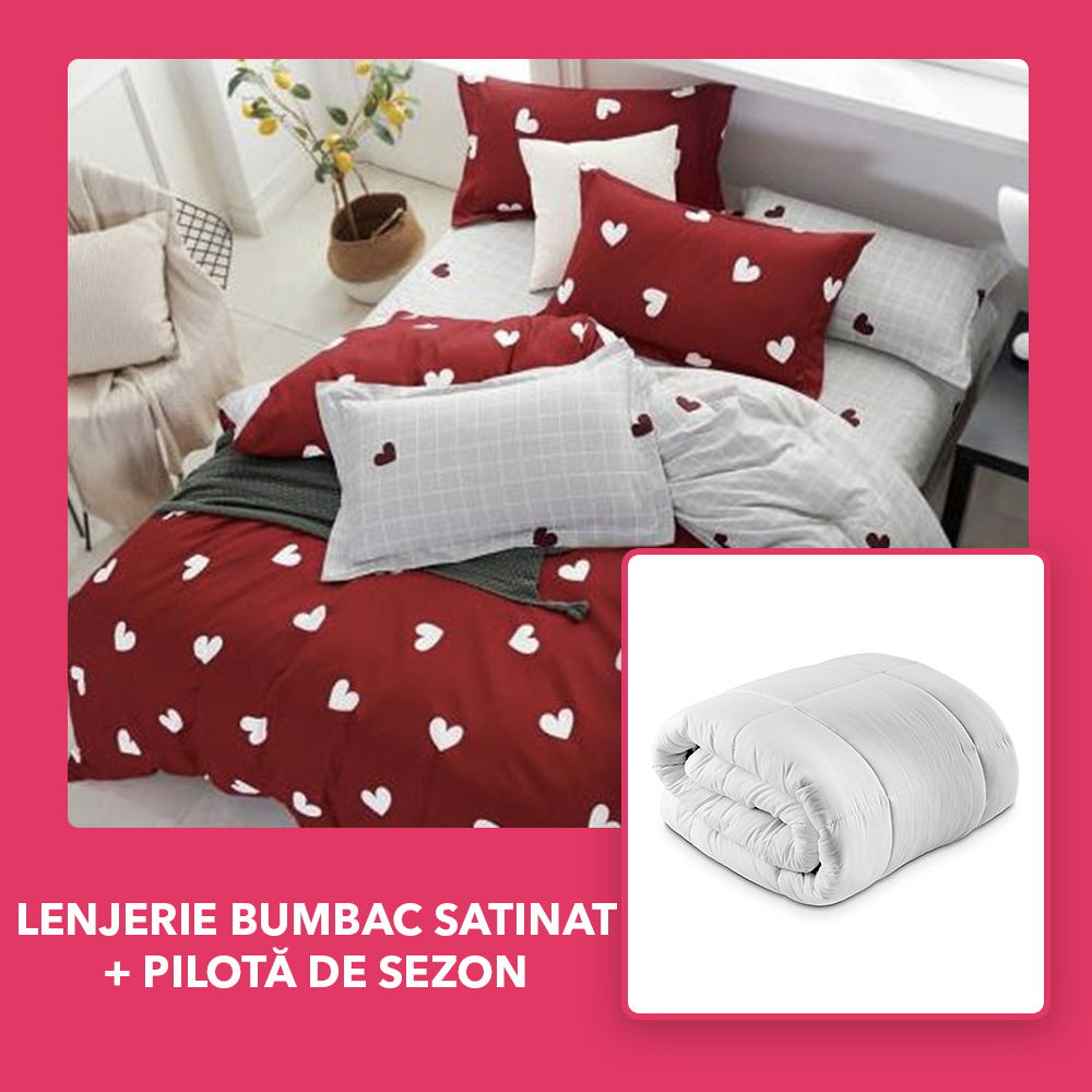 Set CADOU - Lenjerie DUO Bumbac Satinat - Vsiniu cu Inimioare Albe + Pilota de Sezon - LBD1125