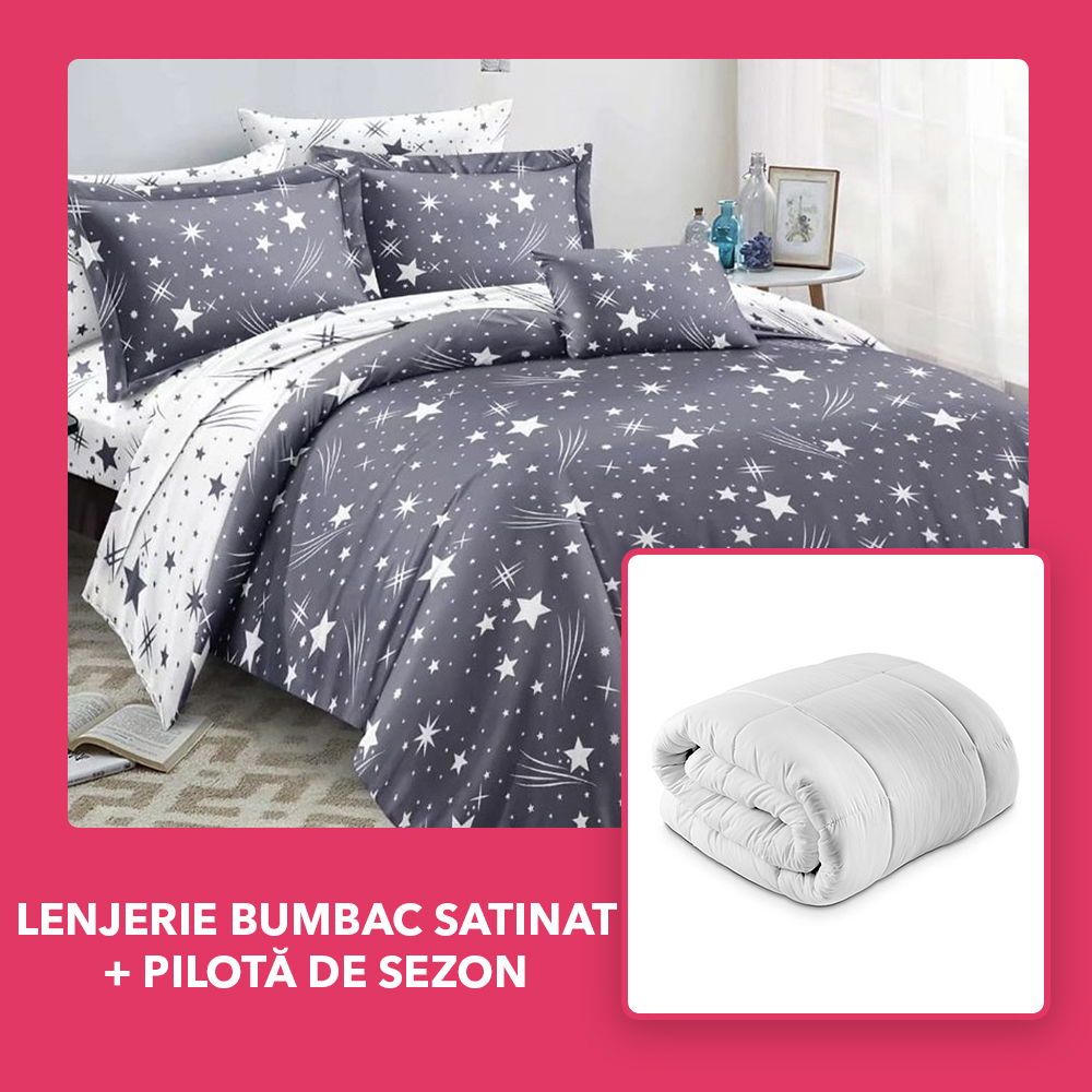 Set CADOU - Lenjerie DUO Bumbac Satinat - Gri cu Stele + Pilota de Sezon - LBD1127