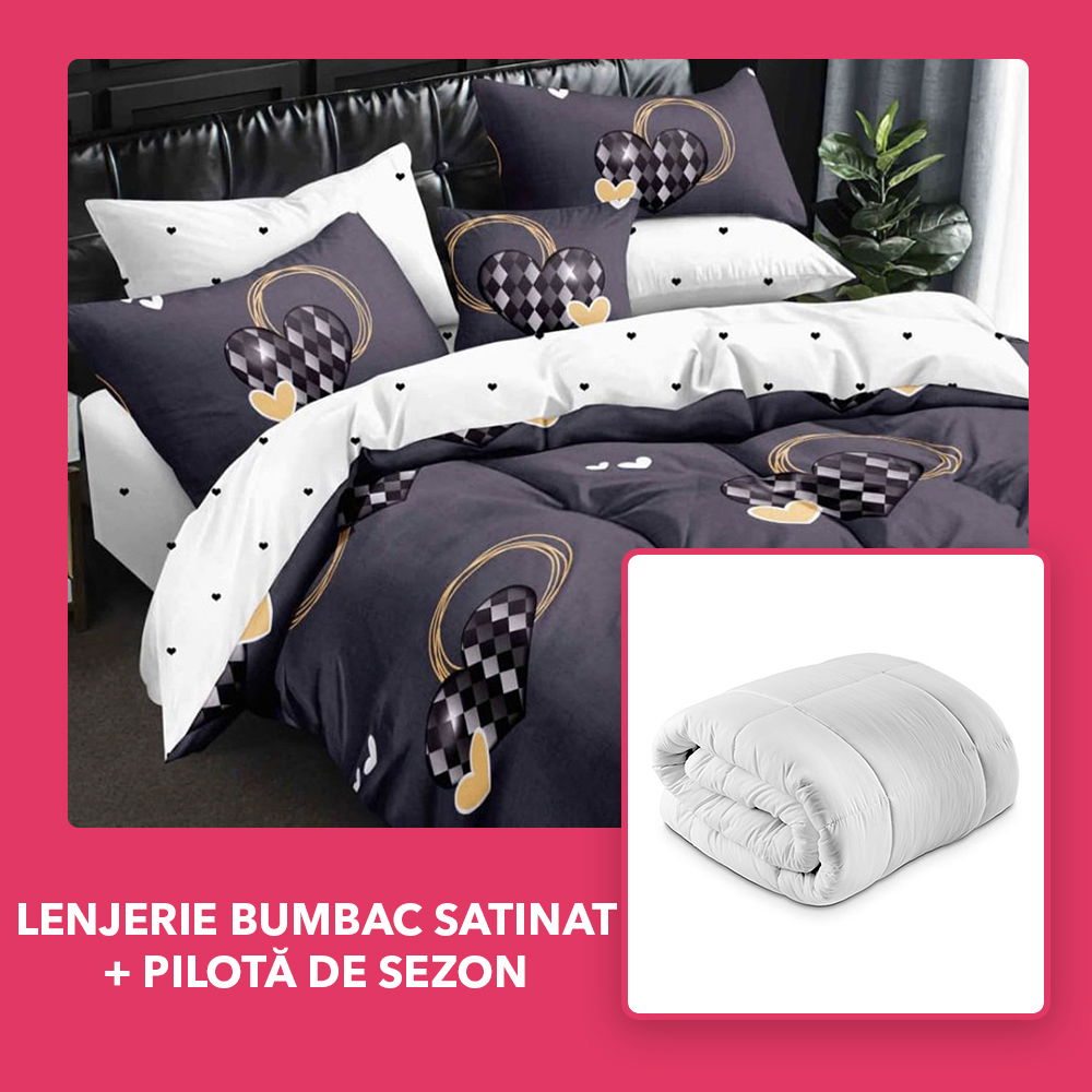 Set CADOU - Lenjerie DUO Bumbac Satinat - Inima Sah + Pilota de Sezon - LBD1135