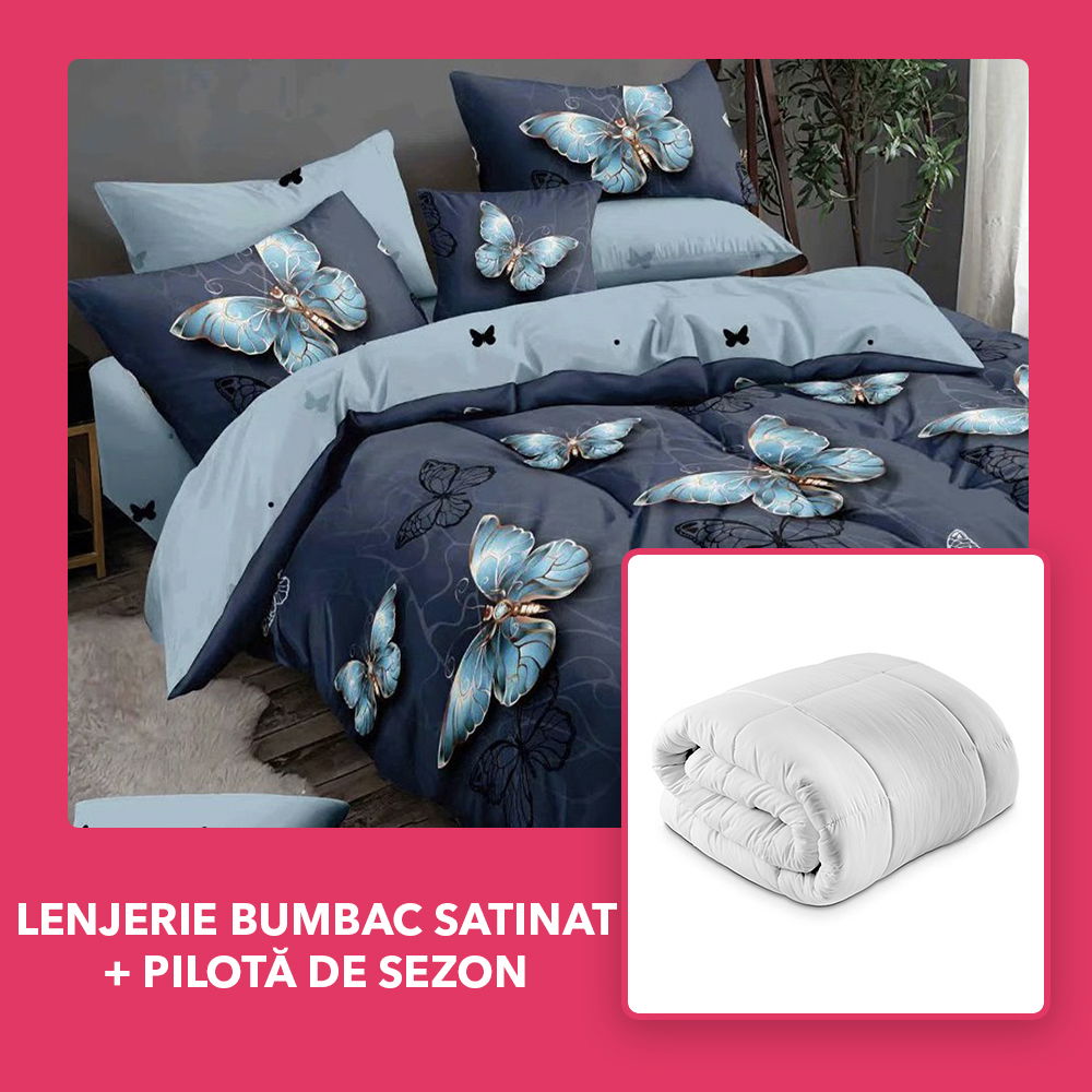 Set CADOU - Lenjerie DUO Bumbac Satinat - Fluturasi Desenati + Pilota de Sezon - LBD1136