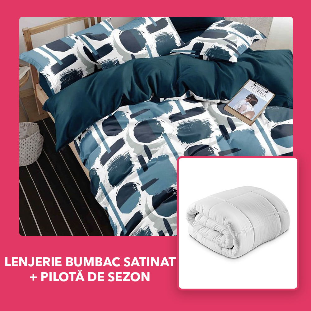 Set CADOU - Lenjerie DUO Bumbac Satinat - Model Abstract Albastru + Pilota de Sezon - LBD1139