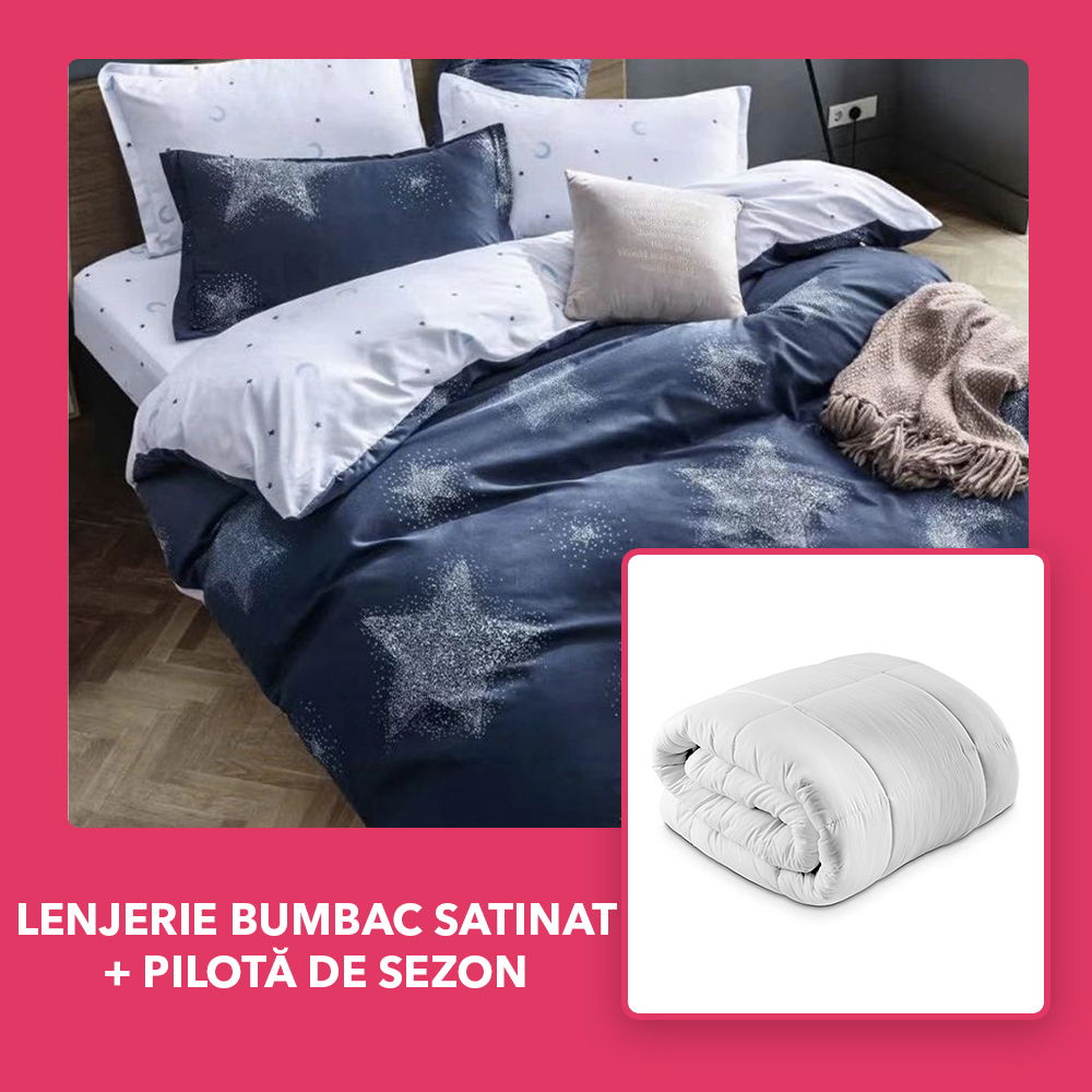 Set CADOU - Lenjerie DUO Bumbac Satinat - Stele Sclipitoare + Pilota de sezon - LBD1146