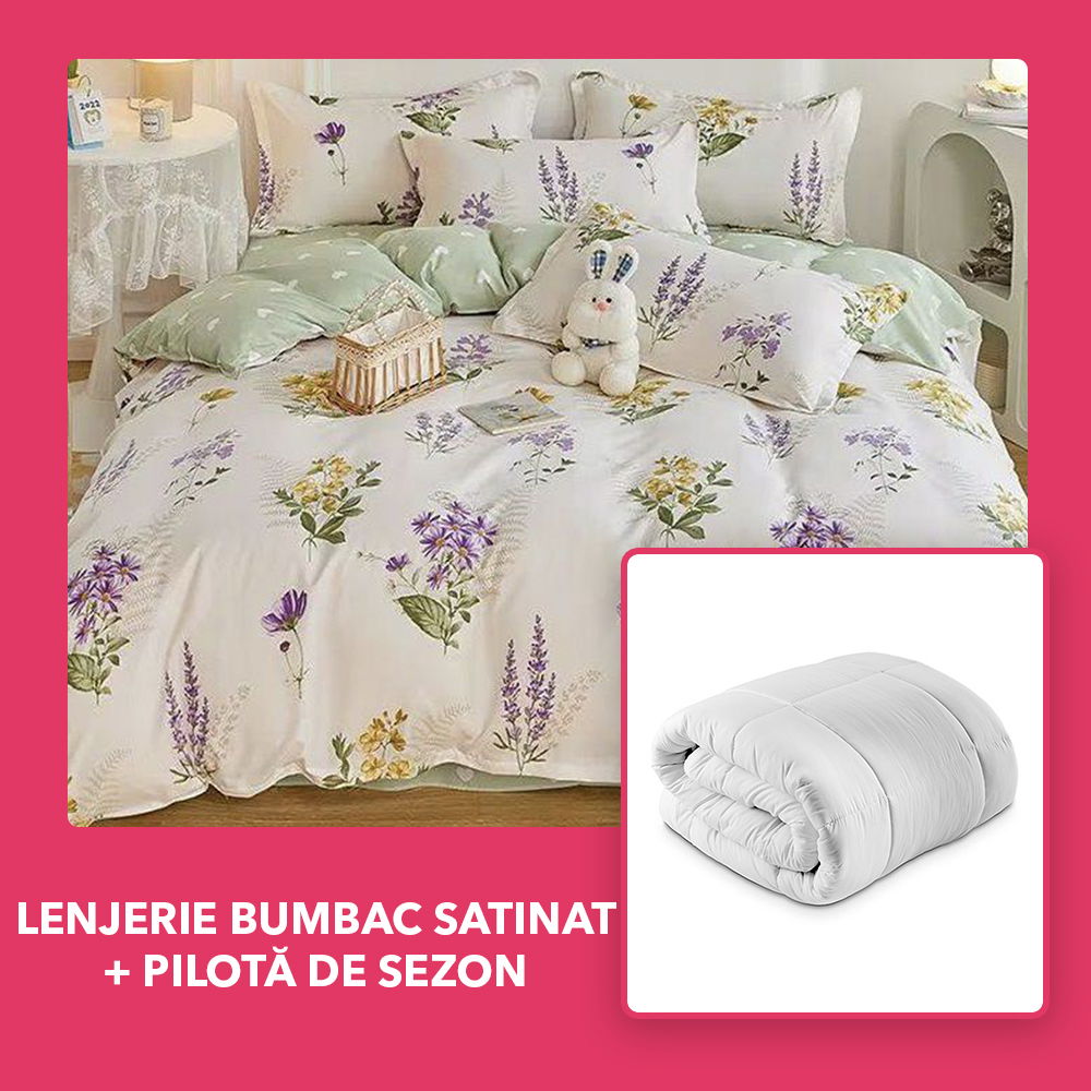 Set CADOU - Lenjerie DUO Bumbac Satinat - Gradina cu Flori + Pilota de sezon - LBD1154