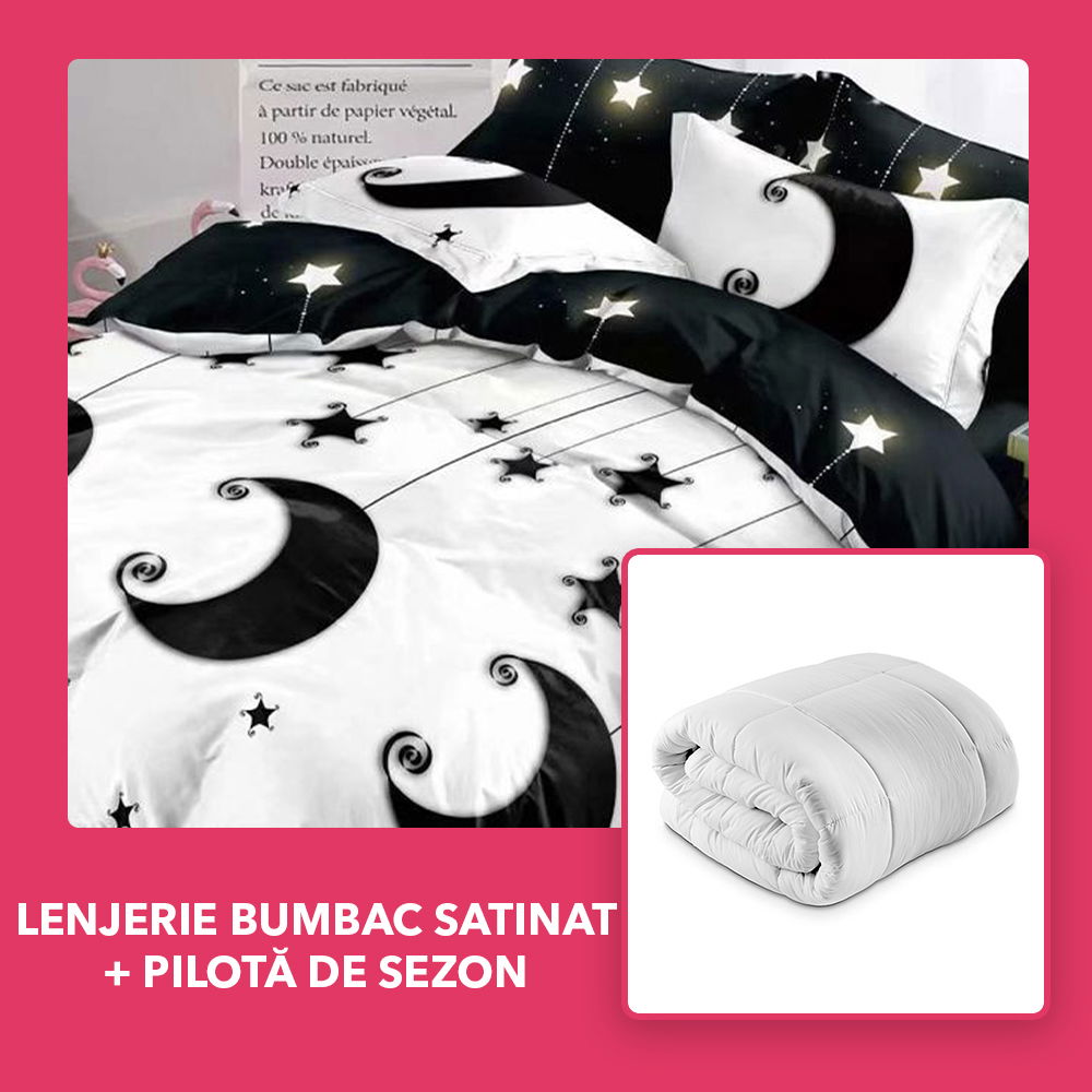 Set CADOU - Lenjerie DUO Bumbac Satinat - Alba cu Stele Negre + Pilota de sezon - LBD1168