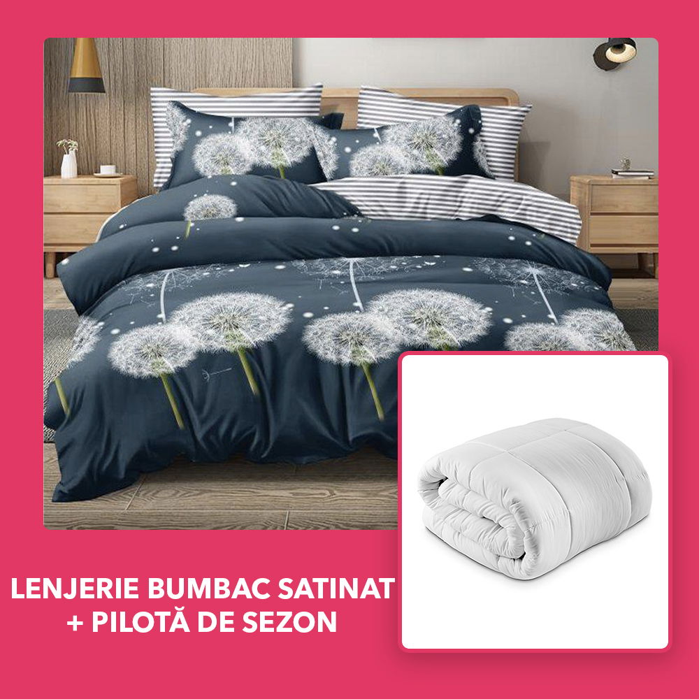 Set CADOU - Lenjerie DUO Bumbac Satinat - Flori Papadie + Pilota de sezon - LBD1170