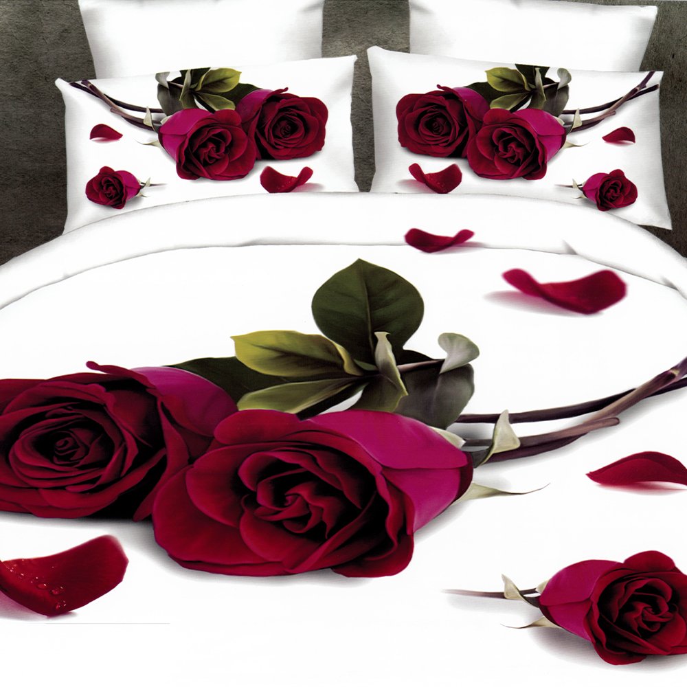 Lenjerie Bumbac Satinat 3D/5D – Trandafiri Rosii – LBDN01046 3D/5D