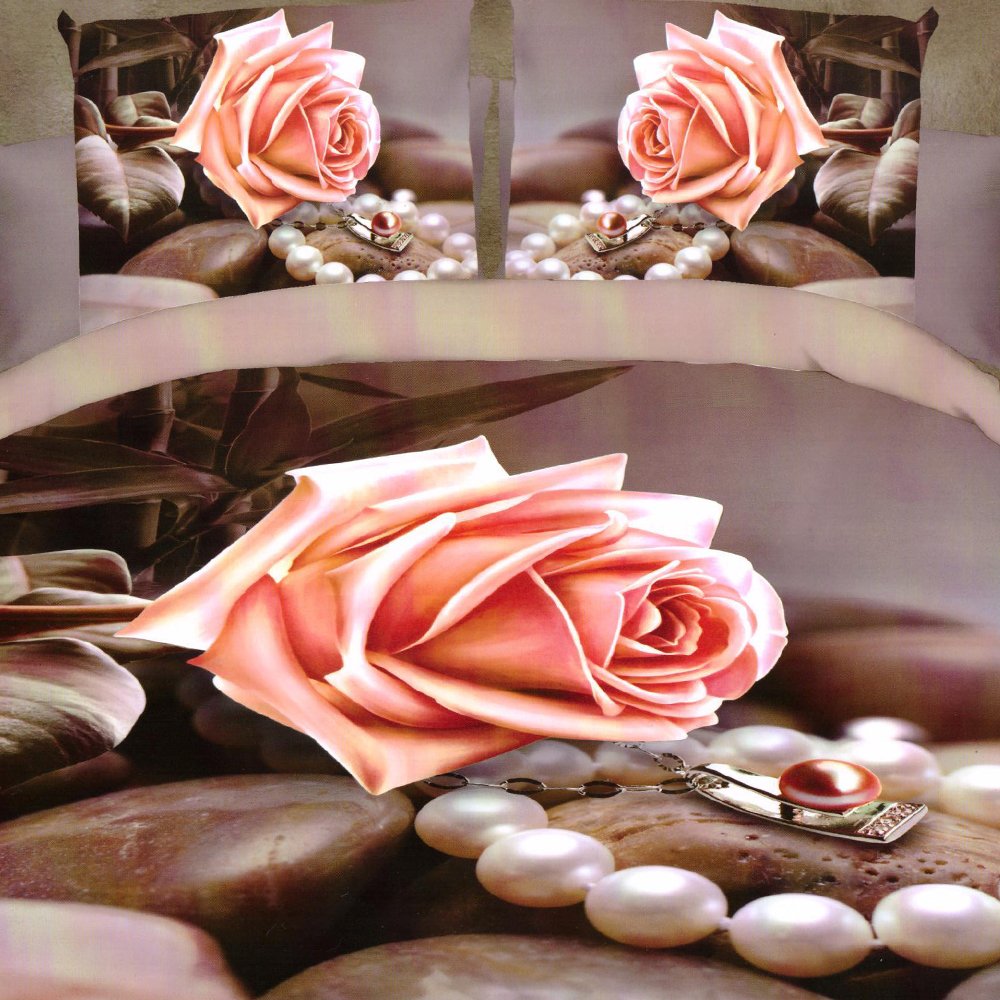 Lenjerie Bumbac Satinat 3D/5D – Perle si Trandafiri Roz LBDN0892 3D/5D imagine noua
