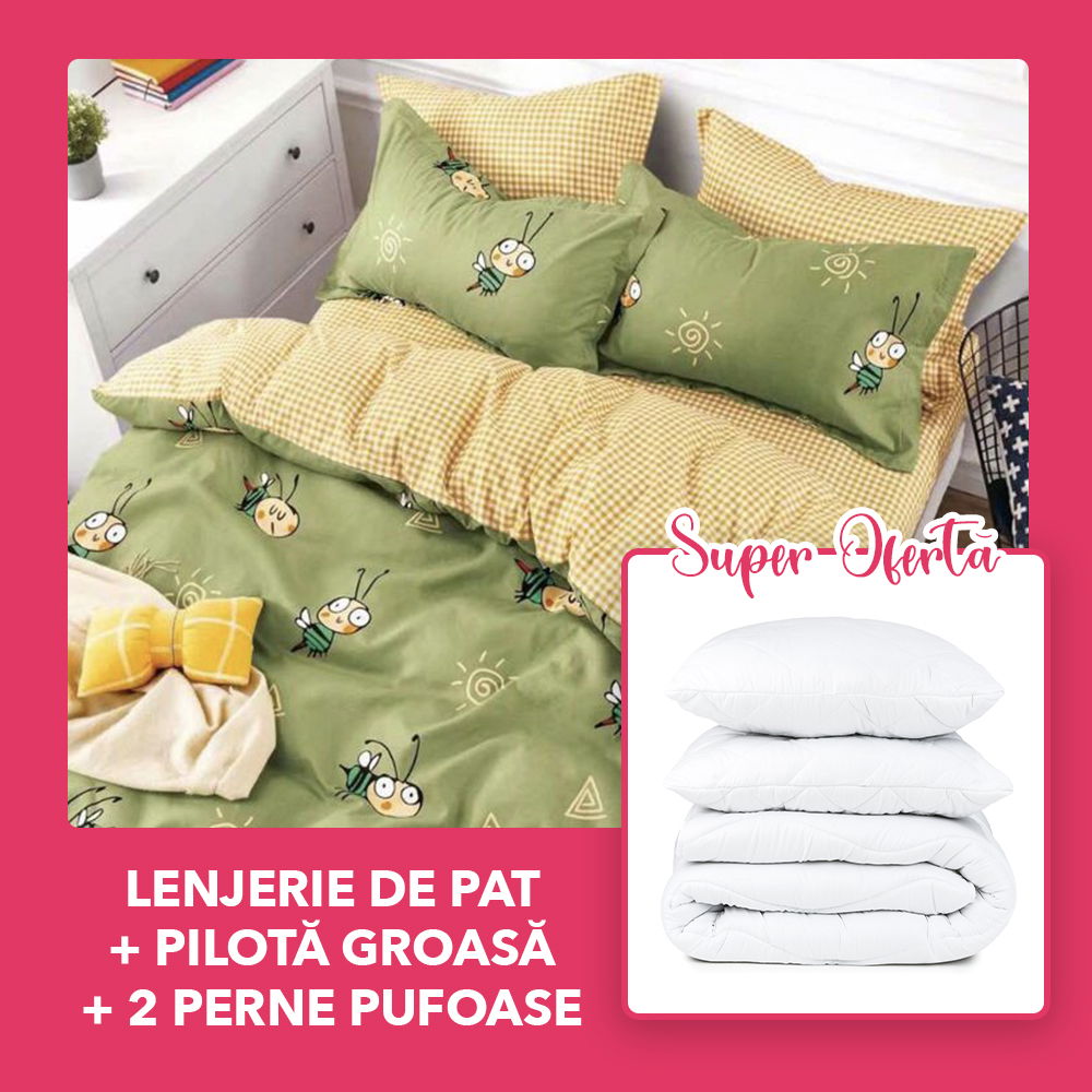 Set CADOU - Lenjerie 6 Piese + Pilota Groasa de Iarna + 2 Perne 50x70 cm - Verde Albinute LF0148