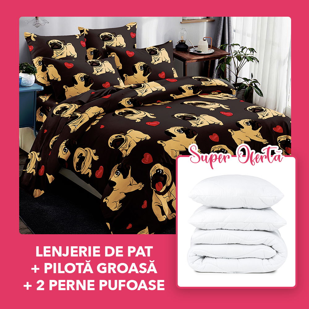 Set CADOU - Lenjerie 6 Piese + Pilota Groasa de Iarna + 2 Perne 50x70 cm - Retro Pug LF0259