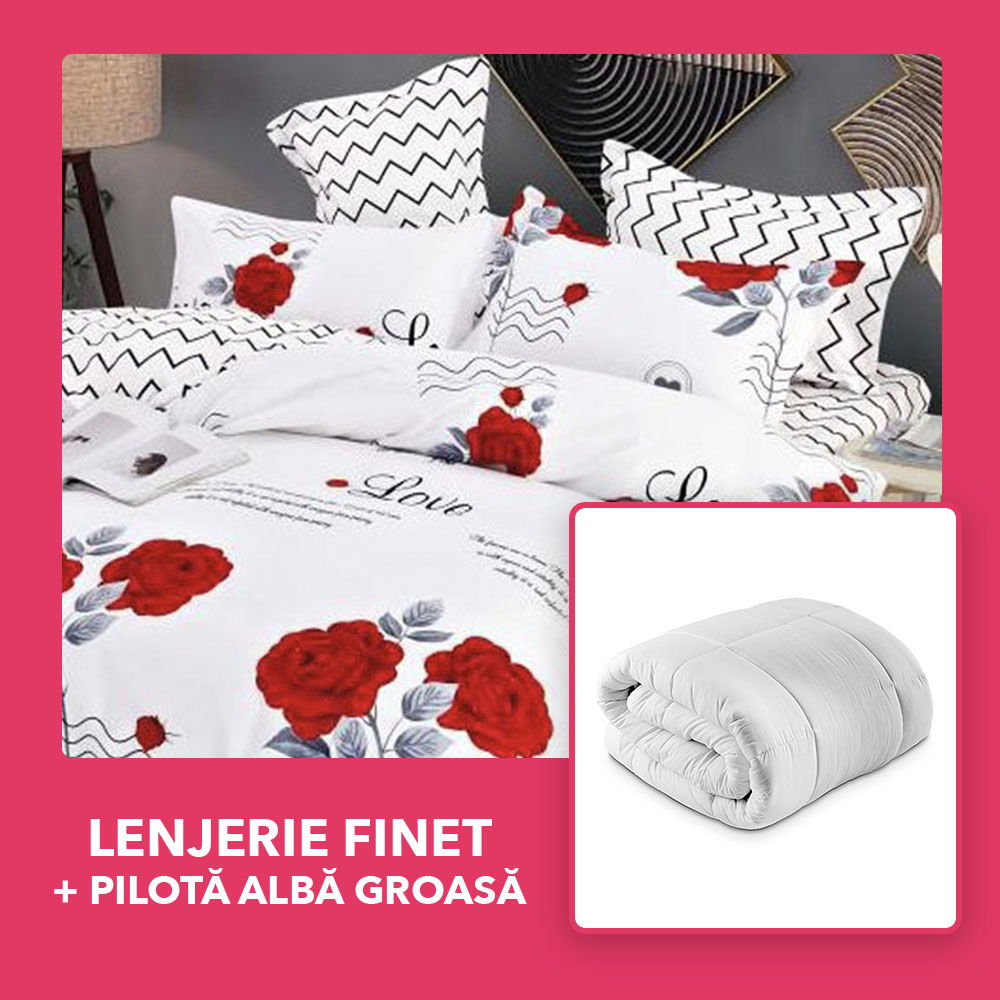 Set CADOU - Lenjerie 8 Piese + Pilota Groasa de Iarna 200x220 cm - Alba Trandafiri LF0596