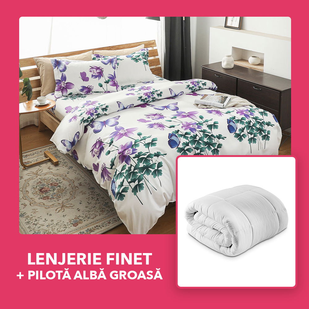 Set CADOU - Lenjerie 8 Piese + Pilota Groasa de Iarna 200x220 cm - Alba Flori de Gradina LF0619