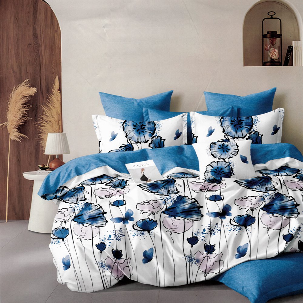 Lenjerie de pat din bumbac Ranforce, Chicory Albastru / Alb, 200 x 220 cm 200