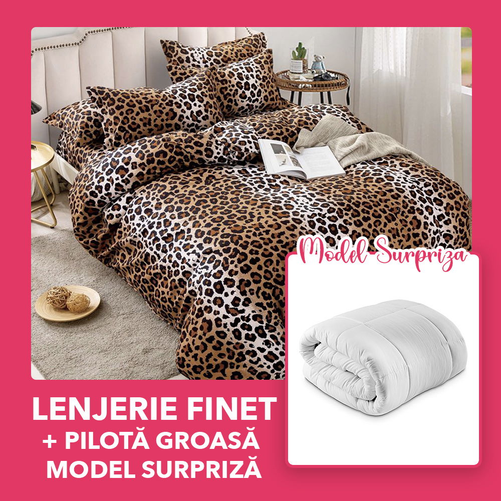 Set CADOU - Lenjerie 6 Piese + Pilota Groasa Model Surpriza 200x220 cm - Animal Print LFJ0106