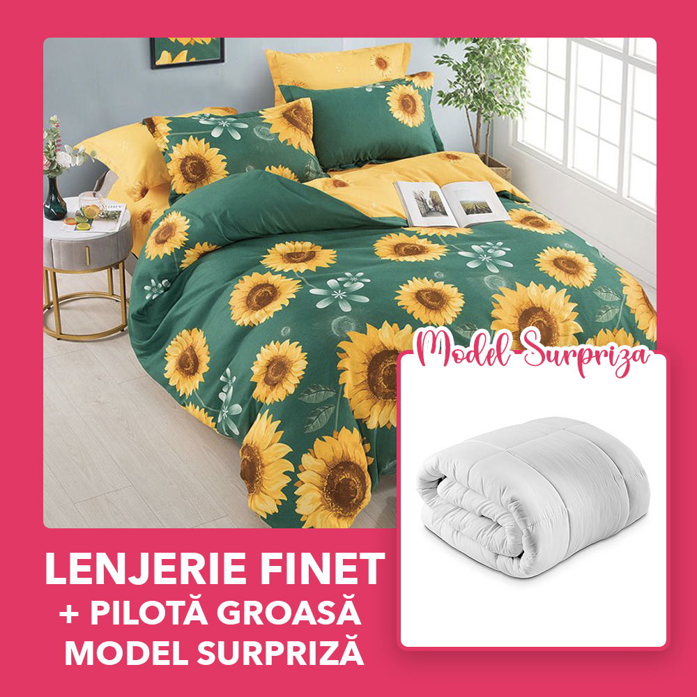 Set CADOU - Lenjerie 6 Piese + Pilota Groasa Model Surpriza 200x220 cm - Imprimeu Floarea Soarelui LFJ0109