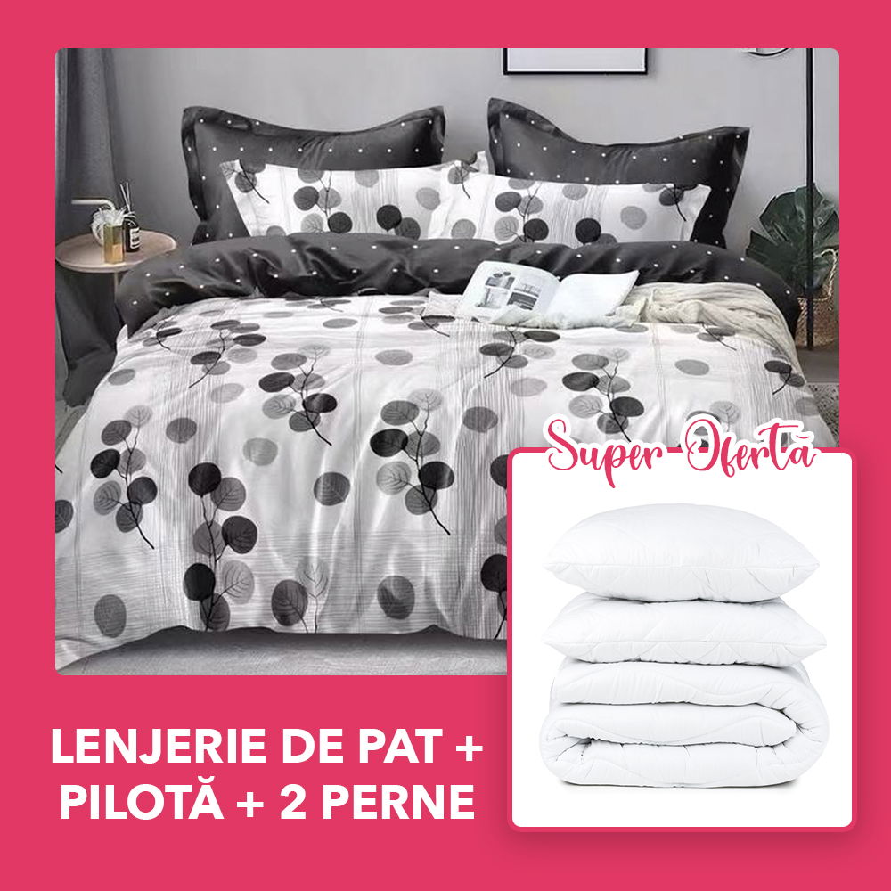 Set CADOU - Lenjerie 4 Piese + Pilota + 2 Perne 50x70 cm - Frunze Gri LBD0164