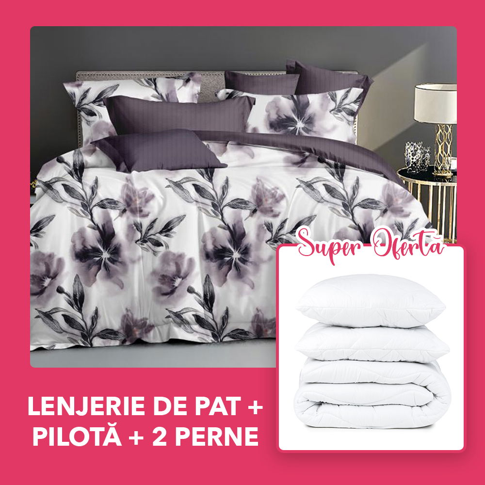 Set CADOU - Lenjerie 4 Piese + Pilota + 2 Perne 50x70 cm - Mov Flori Mari LBD0314