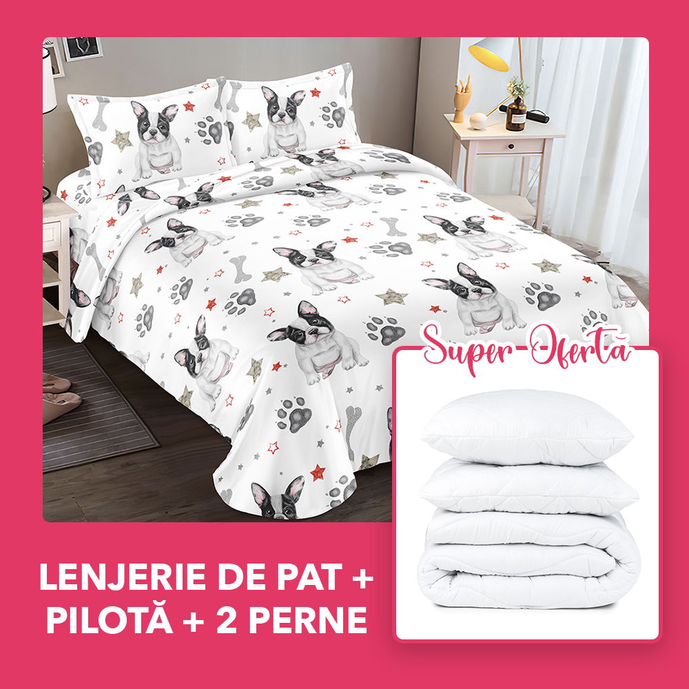 Set CADOU - Lenjerie 4 Piese + Pilota + 2 Perne 50x70 cm - Buldog Francez LBD0335