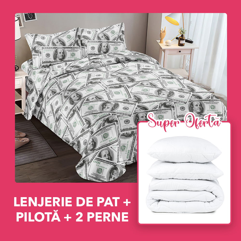 Set CADOU - Lenjerie 4 Piese + Pilota + 2 Perne 50x70 cm - Money Love LBD0337