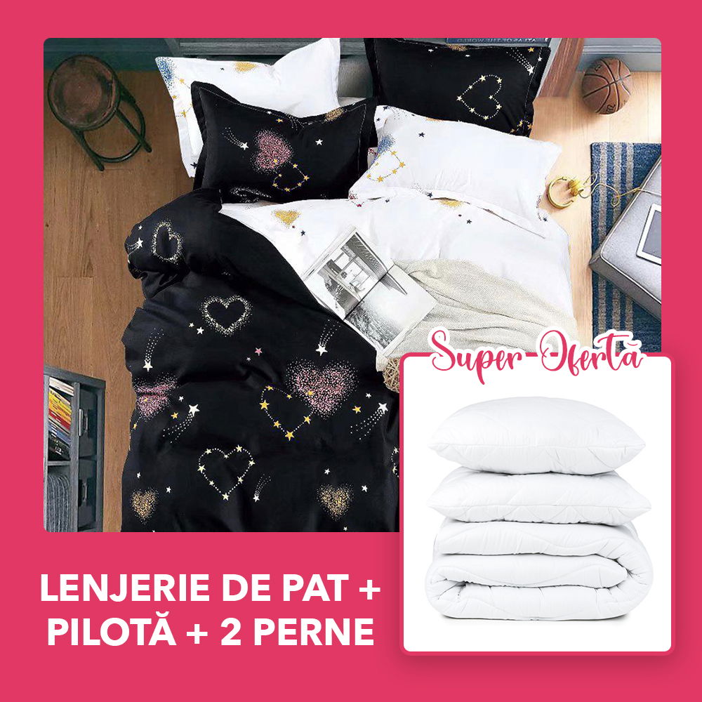 Set CADOU - Lenjerie 6 Piese + Pilota + 2 Perne 50x70 cm - Neagra Inimioare LF0345