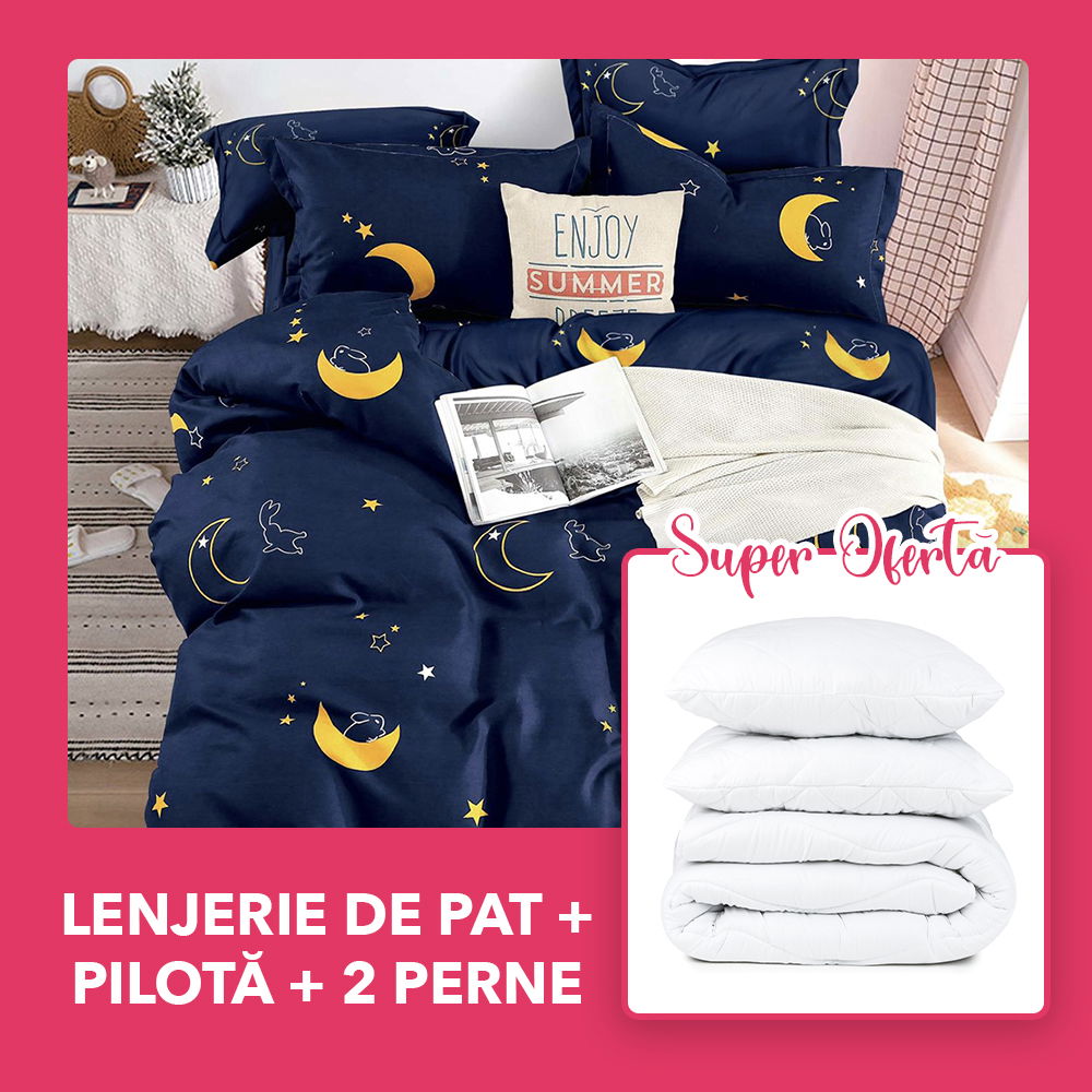 Set CADOU - Lenjerie 6 Piese + Pilota + 2 Perne 50x70 cm - Good Night LF0351