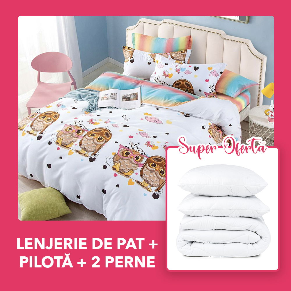 Set CADOU - Lenjerie 6 Piese + Pilota + 2 Perne 50x70 cm - Bufnite Curcubeu LF0352