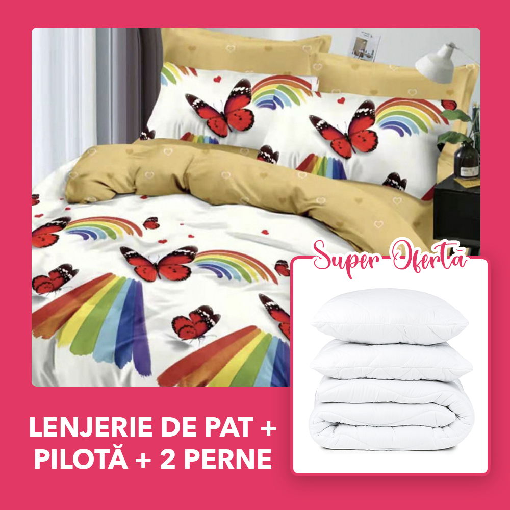 Set CADOU - Lenjerie 6 Piese + Pilota + 2 Perne 50x70 cm - Fluturi Curcubeu LF0363