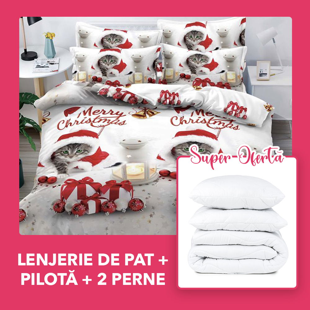 Set CADOU - Lenjerie 6 Piese + Pilota + 2 Perne 50x70 cm - Pisica de Craciun LFC0341