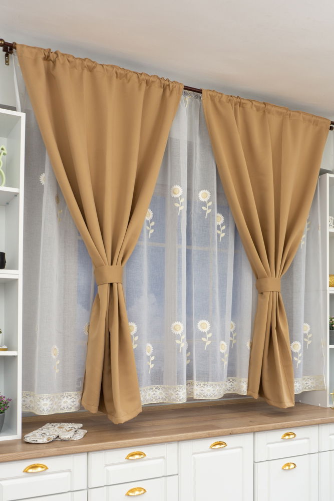 Set Bucatarie Juliette - Perdea de Bucatarie - Margarete Albe si Draperie Blackout - Cappuccino