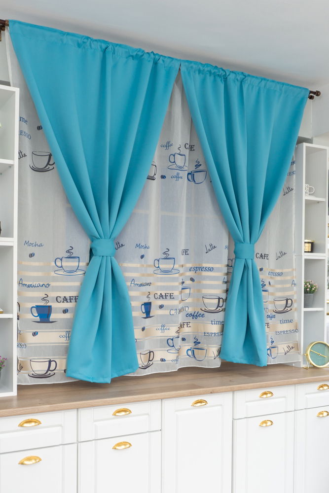 Set Bucatarie Naomi - Perdea Geam Bucatarie Coffee Albastru si Draperie Blackout Blue Elegant