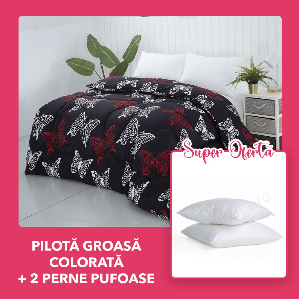 Set CADOU Pilota Groasa Colorata + 2 Perne 50x70cm - Fluturi Albi si Rosii- PM0061