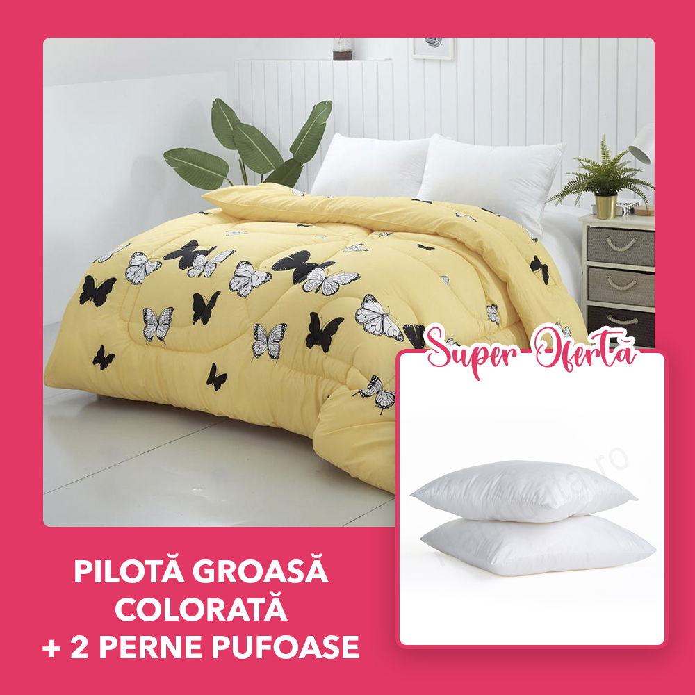 Set CADOU Pilota Groasa Colorata + 2 Perne 50x70cm - Fluturi Albi si Negrii- PM0068