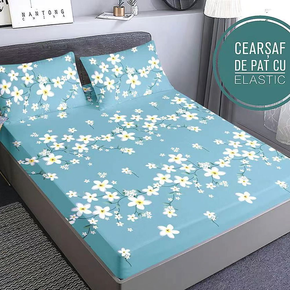 Cearceaf din Finet cu Elastic - 160/180x200 + 2 Fete Perna- Ramuri cu flori - CEF0321