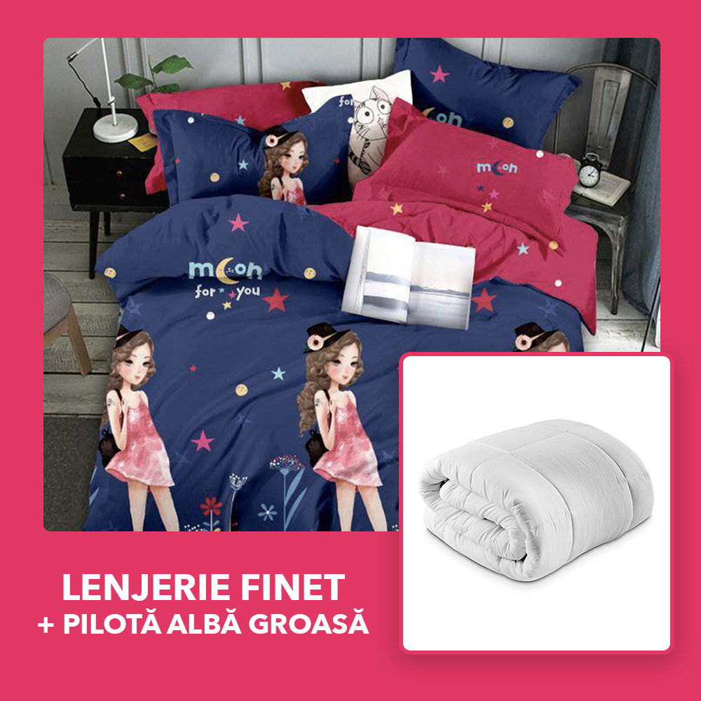 Set CADOU - Lenjerie 6 Piese + Pilota Groasa de Iarna 200x220 cm - Chic Doll LFJ0433